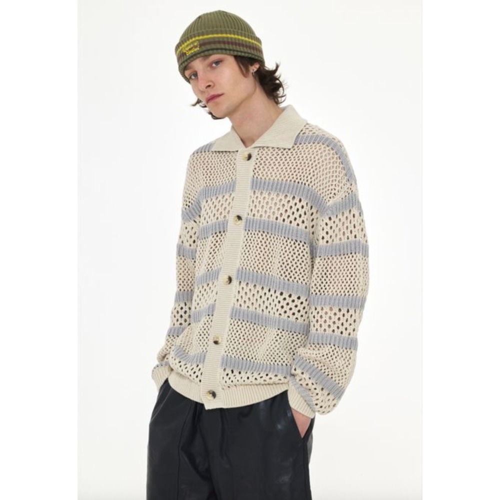 Zara Mens Striped Open Knit Crochet Cardigan Sweater Cream Grey Cotton L-XL